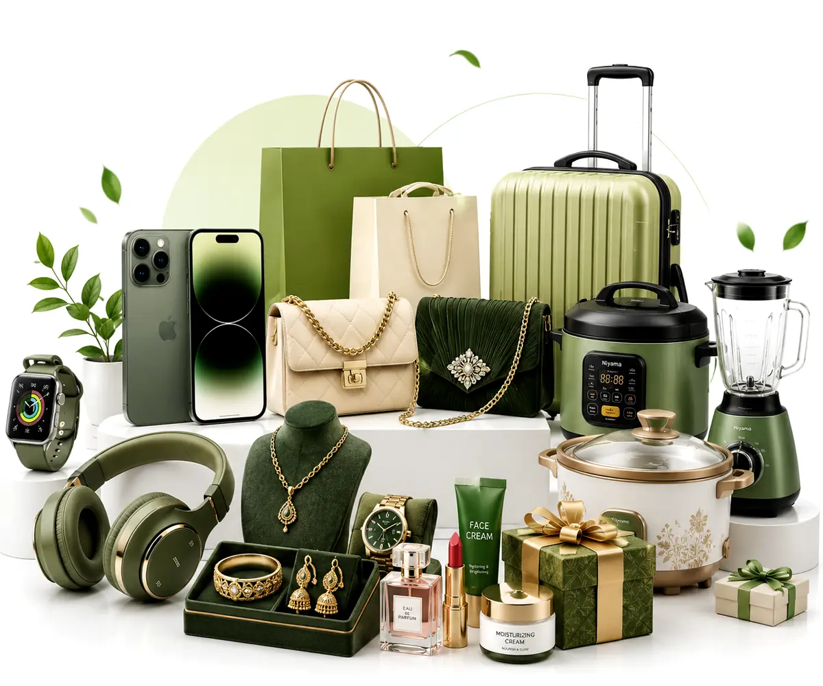 Home SabujHub hero banner featuring fashion, electronics, jewelry, kitchen appliances, and beauty products