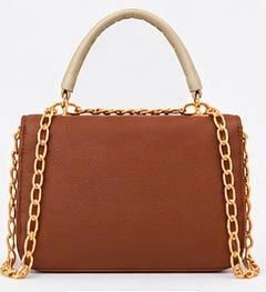 brown and beige ladies handbag back view