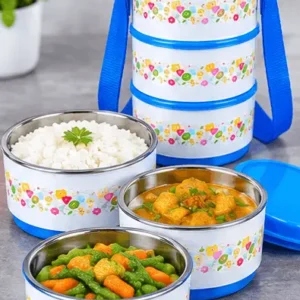 Multi-layer blue and white insulated stainless steel lunch box filled with food items at Sabuj Hub
