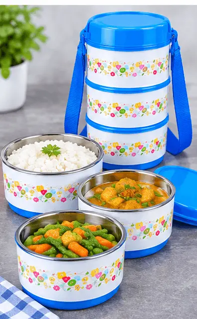 3-Layer Stainless Steel Tiffin Box with Food Inside Multi-layer blue and white insulated stainless steel lunch box filled with food items at Sabuj Hub