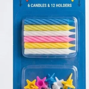Pack of 6 colorful spiral birthday candles and 12 star-shaped holders for cake decoration at Sabuj Hub