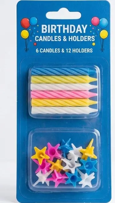 Birthday Candles and Holders (6 Candles & 12 Holders) Pack of 6 colorful spiral birthday candles and 12 star-shaped holders for cake decoration at Sabuj Hub