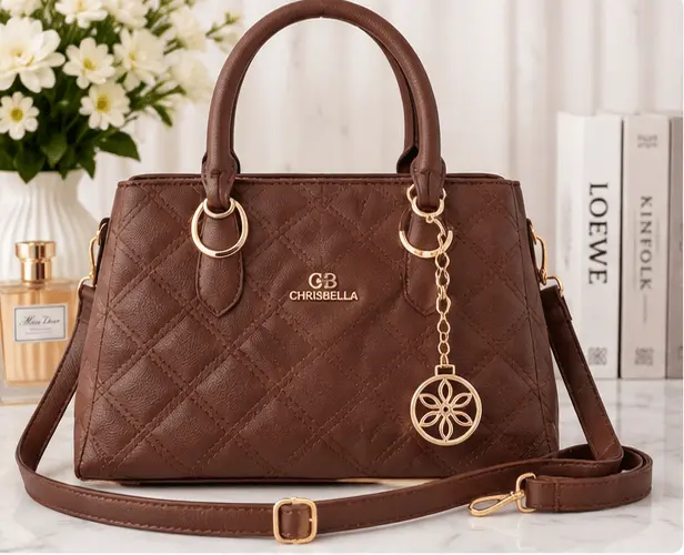 Sabuj Hub Brown Quilted Handbag Sabuj.Hub stylish brown quilted handbag with top handles and charm strap
