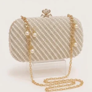 Elegant pearl beaded party wear clutch bag with golden chain for women at Sabuj Hub