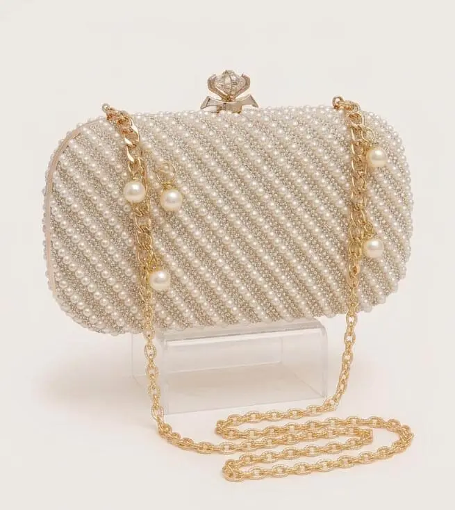 Elegant Pearl Beaded Party Wear Clutch Bag Elegant pearl beaded party wear clutch bag with golden chain for women at Sabuj Hub