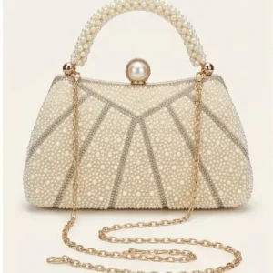 Elegant geometric pattern pearl beaded party clutch bag with chain strap at Sabuj Hub
