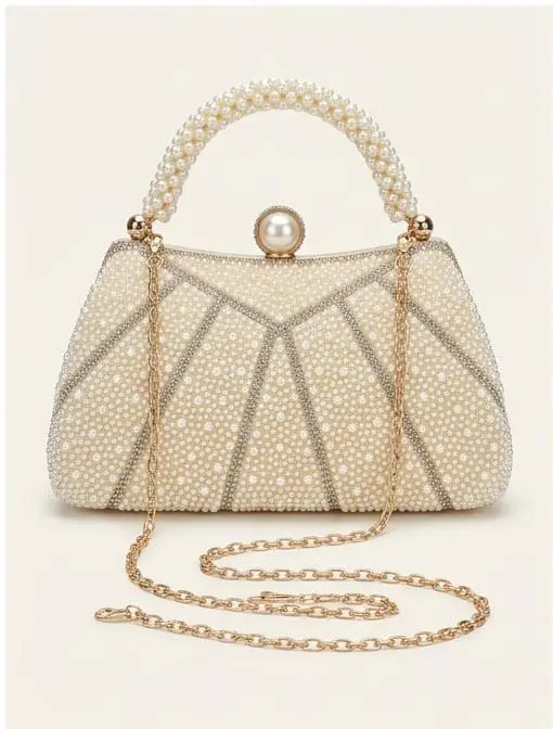 Geometric Pearl Beaded Clutch Elegant geometric pattern pearl beaded party clutch bag with chain strap at Sabuj Hub