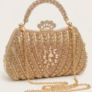 Gorgeous golden crystal embellished party clutch bag with crown clasp and chain strap at Sabuj Hub