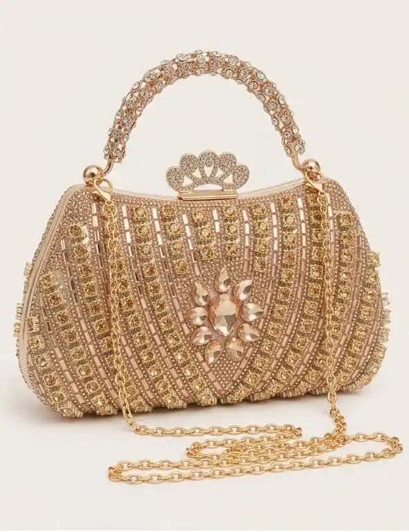 Golden Crystal Crown Clutch Gorgeous golden crystal embellished party clutch bag with crown clasp and chain strap at Sabuj Hub
