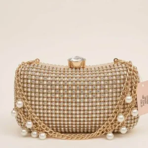 Gorgeous golden crystal mesh party clutch bag with pearl drop chains and crystal clasp at Sabuj Hub