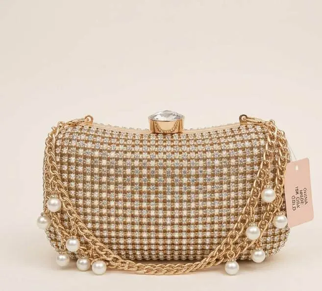 Golden Crystal Mesh Pearl Drop Clutch Gorgeous golden crystal mesh party clutch bag with pearl drop chains and crystal clasp at Sabuj Hub