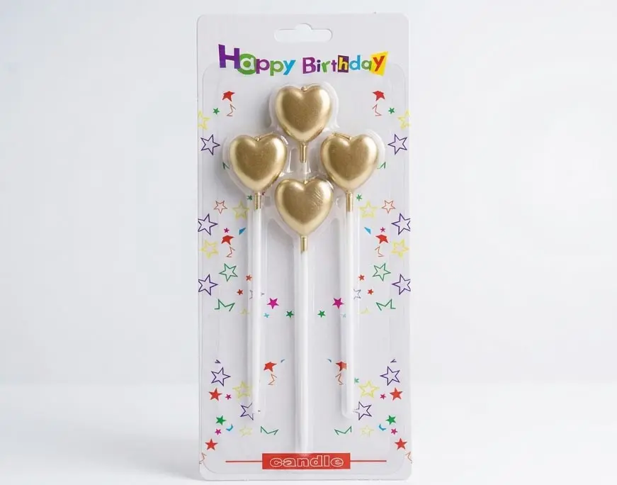 Golden Heart Shape Birthday Party Candles (4 Pcs) : Packaged set of 4 golden heart shape birthday party candles for cake decoration at Sabuj Hub