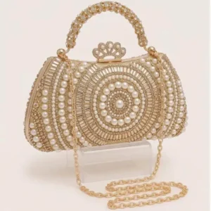 Sabuj Hub golden pearl and rhinestone embellished evening party clutch handbag