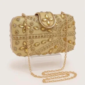Sabuj Hub golden rhinestone embellished evening party clutch handbag with chain