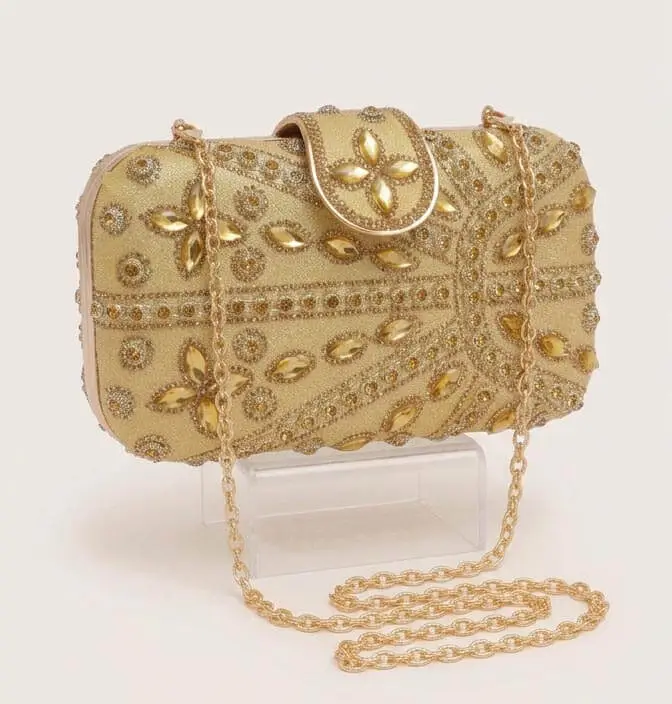 Sabuj Hub Golden Rhinestone Party Clutch Handbag Sabuj Hub golden rhinestone embellished evening party clutch handbag with chain