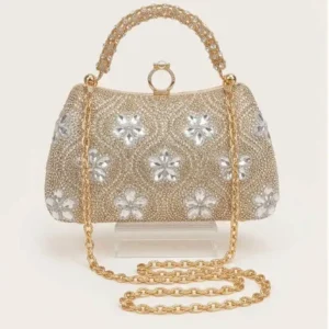 Golden crystal embellished flower design party clutch bag with chain strap at Sabuj Hub