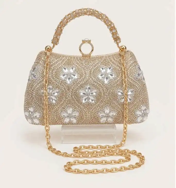 Golden Crystal Flower Clutch Bag Golden crystal embellished flower design party clutch bag with chain strap at Sabuj Hub