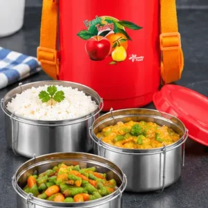Multi-layer blue and white insulated stainless steel lunch box filled with food items at Sabuj Hub