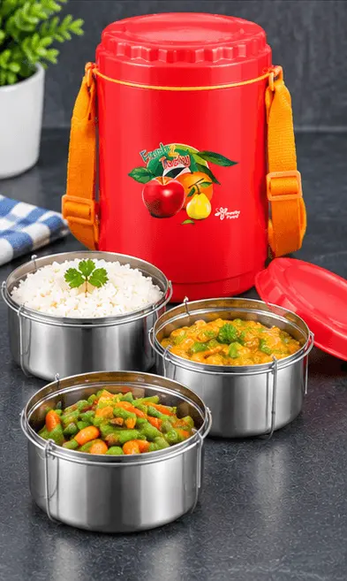 3-Layer Stainless Steel Tiffin Box with Food Inside Multi-layer blue and white insulated stainless steel lunch box filled with food items at Sabuj Hub