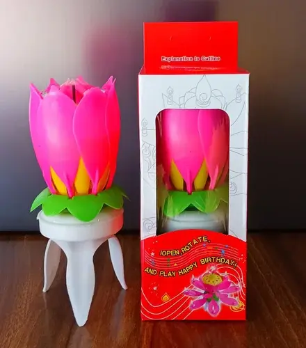Magic Blooming Lotus Birthday Candle with Box Pink lotus flower shape magic blooming birthday candle with its packaging box at Sabuj Hub