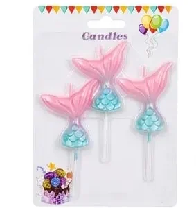 Mermaid tail birthday candles pack of 3 with pink and blue design for cake decoration at Sabuj Hub