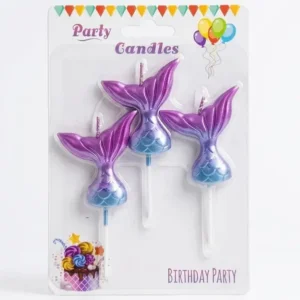 Packaged set of 3 purple and blue mermaid tail design birthday party candles for cake decoration at Sabuj Hub