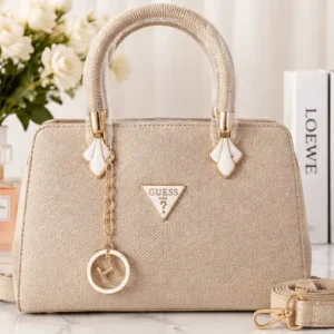 Sabuj.Hub elegant off-white textured handbag with top handles and charm strap