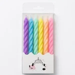Packaged set of 6 pastel colored spiral birthday candles for cake decoration at Sabuj Hub