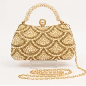 Elegant pearl beaded and scale pattern party clutch bag with chain strap at Sabuj Hub