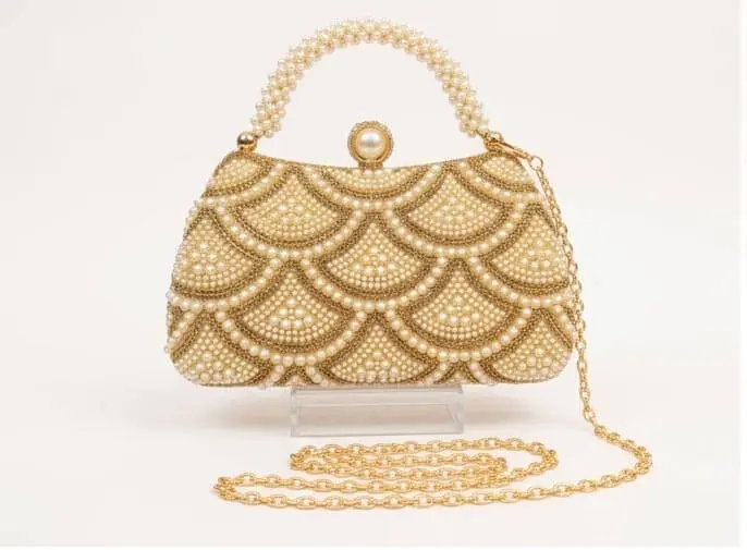Pearl Beaded Scale Design Clutch Elegant pearl beaded and scale pattern party clutch bag with chain strap at Sabuj Hub