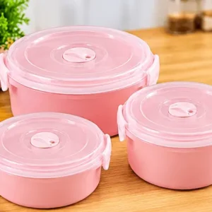Sabuj Hub pink round food container set with clip lock and transparent lid