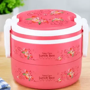 Pink double-layer insulated stainless steel lunch box with "Take Care Lunch Box" text and floral pattern at Sabuj Hub