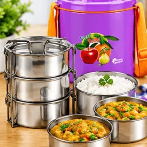 Purple and orange multi-layer insulated stainless steel lunch box filled with food items at Sabuj Hub