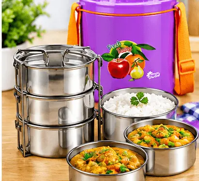 Purple 3-Layer Stainless Steel Tiffin Box with Food Inside Purple and orange multi-layer insulated stainless steel lunch box filled with food items at Sabuj Hub