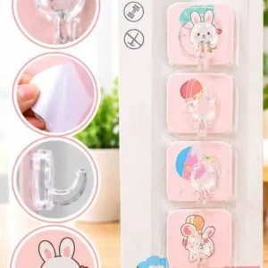 Sabuj.Hub cute rabbit design pink base self-adhesive wall hooks pack of 4 with transparent hooks