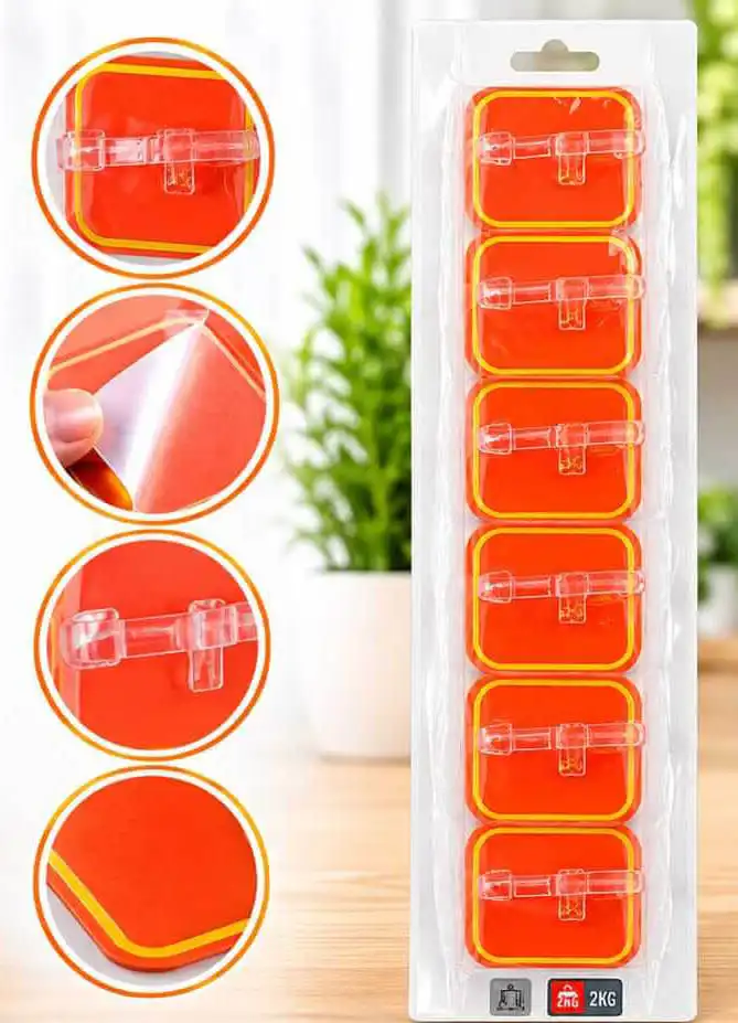 Sabuj Hub Red Base Adhesive Plug Holder Hooks Pack Sabuj.Hub pack of red base transparent adhesive plug and wire holder hooks with wall mounting features
