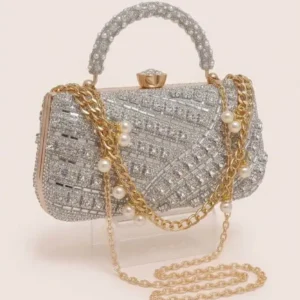 Gorgeous silver crystal embellished party clutch bag with handle, golden chain and pearl drops at Sabuj Hub