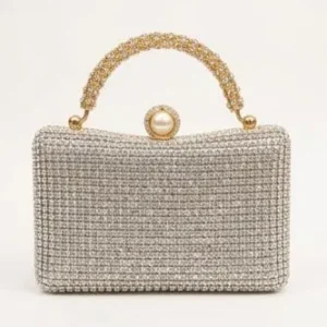 Sabuj Hub Silver Rhinestone Pearl Evening Clutch Handbag for Women