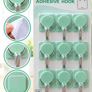 Sabuj.Hub pack of 9 ZhongQiu green base adhesive wall hooks with strong double metal hooks and no nail mounting