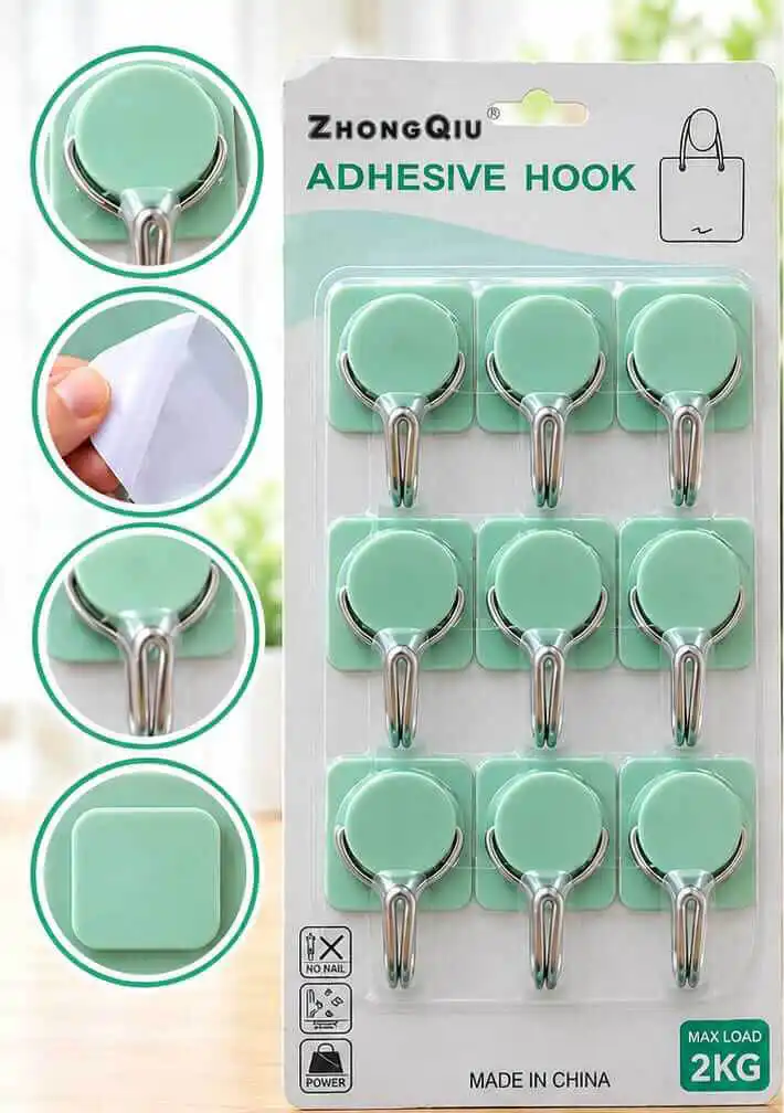 Sabuj.Hub ZhongQiu Green Base Adhesive Double Wall Hooks (9 Pcs) Sabuj.Hub pack of 9 ZhongQiu green base adhesive wall hooks with strong double metal hooks and no nail mounting