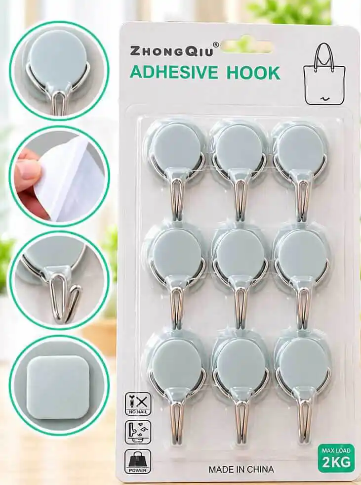 Sabuj.Hub ZhongQiu Grey Base Adhesive Double Wall Hooks (9 Pcs) Sabuj.Hub pack of 9 ZhongQiu grey base adhesive wall hooks with strong double metal hooks and no nail mounting