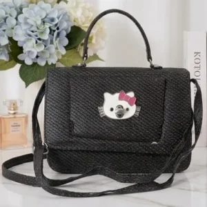 Stylish black hello kitty textured ladies handbag with shoulder strap
