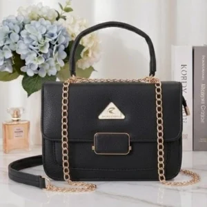 Stylish black ladies handbag with gold chain and Royal Chaals logo