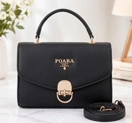 Stylish black ladies handbag with gold hardware and POABA logo