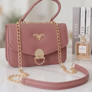 Stylish pink ladies handbag with gold chain and POABA logo