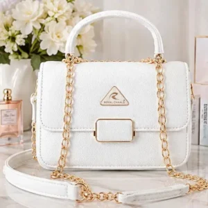 Stylish white ladies handbag with gold chain
