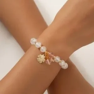 Home Crystal Cracked Glass Beaded Charm Bracelet with Gold Four-Leaf Clover Pendant on Wrist