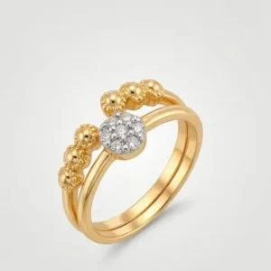Home Gold Plated 2 Piece Stacking Ring Set Featuring Beaded Crown Band and Circular Zircon Crystal Solitaire Band