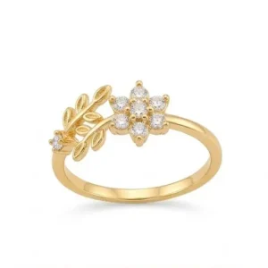 gold floral foliage vine crystal ring front view