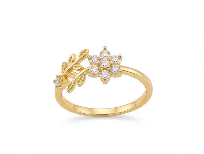 gold floral foliage vine crystal ring front view gold floral foliage vine crystal ring front view